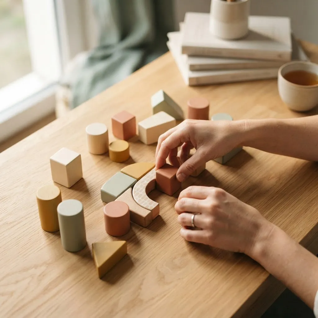 Hands arranging colourful wooden learning blocks